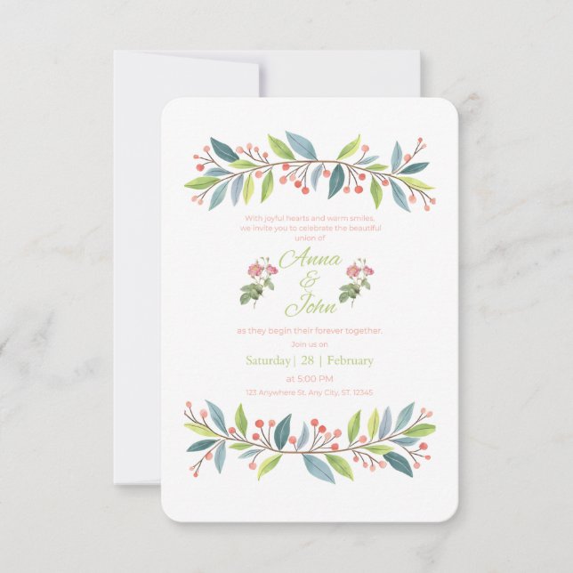 Modern Botanical Forest Green Wedding Invitation  (Front)