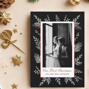 Modern botanical frame Christmas photo Newly wed  Holiday Card
