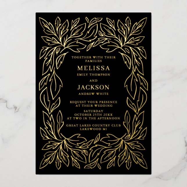 Modern Botanical Frame Elegant Wedding Black (Front)