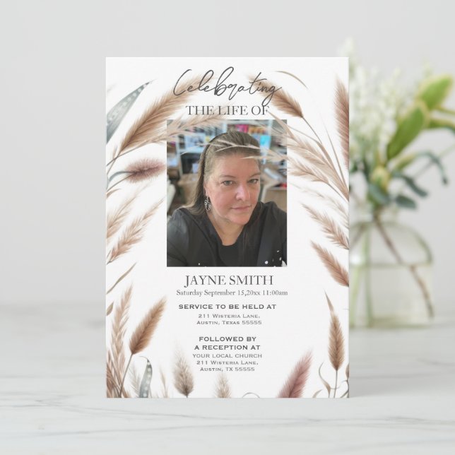 Modern botanical funeral memorial service e-vite invitation (Standing Front)