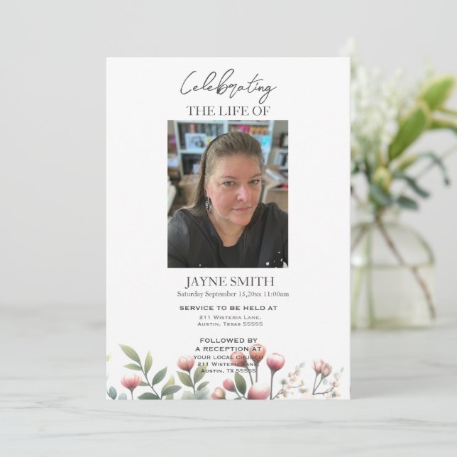 Modern botanical funeral memorial service e-vite invitation (Standing Front)