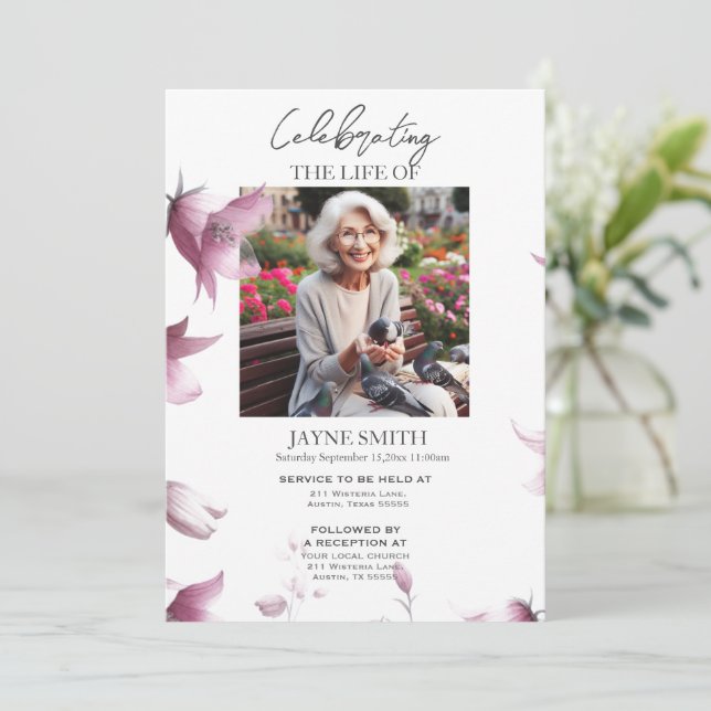 Modern botanical funeral memorial service e-vite invitation (Standing Front)