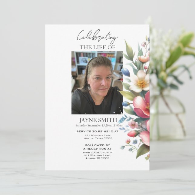 Modern botanical funeral memorial service e-vite invitation (Standing Front)
