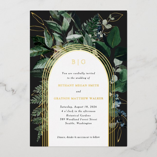 Modern botanical garden foil wedding invitations (Front)