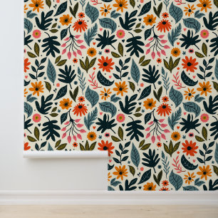 Modern Botanical Garden Pattern - Trendy Orange Wallpaper