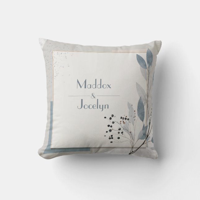 Modern Botanical Geometric Blue Neutral Wedding Cushion (Front)