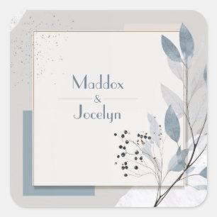 Modern Botanical Geometric Blue Neutral Wedding Square Sticker