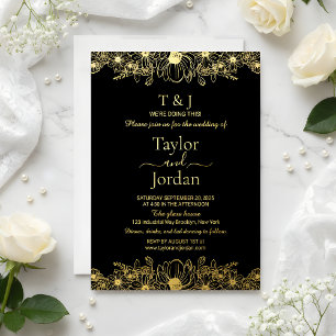 Modern Botanical Gold Foil Black Wedding
