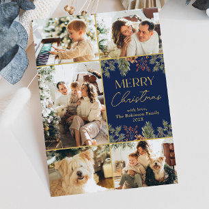 Modern Botanical Gold Script Blue Photo Christmas Holiday Card