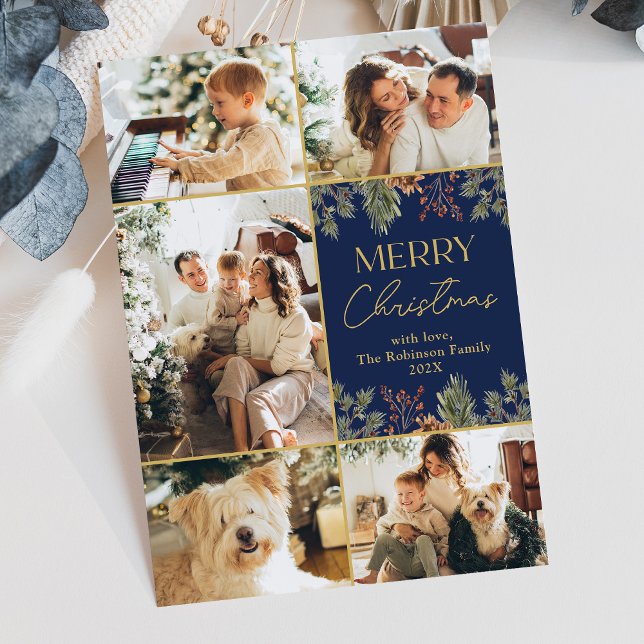 Modern Botanical Gold Script Blue Photo Christmas  Holiday Card (Creator Uploaded)