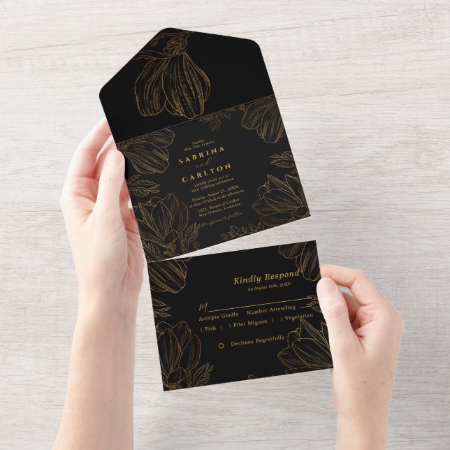 Modern Botanical Golden Nature Floral Wedding All In One Invitation (Tearaway)