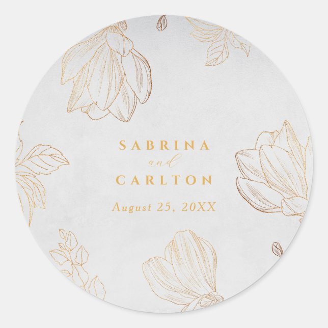 Modern Botanical Golden Nature Floral Wedding Classic Round Sticker (Front)
