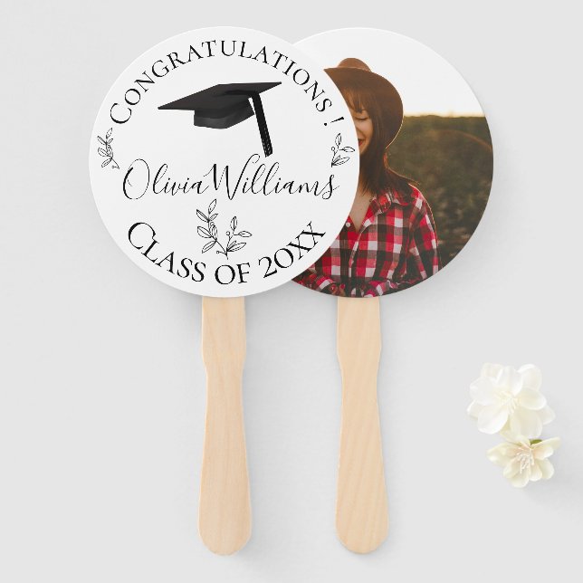 Modern Botanical Graduation Cap Photo Hand Fan (Front and Back)