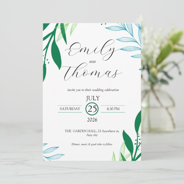 Modern Botanical Green Leaf Wedding Invitation (Standing Front)