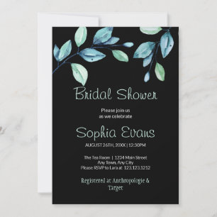 Modern Botanical Green Leaves Black Bridal Shower Invitation