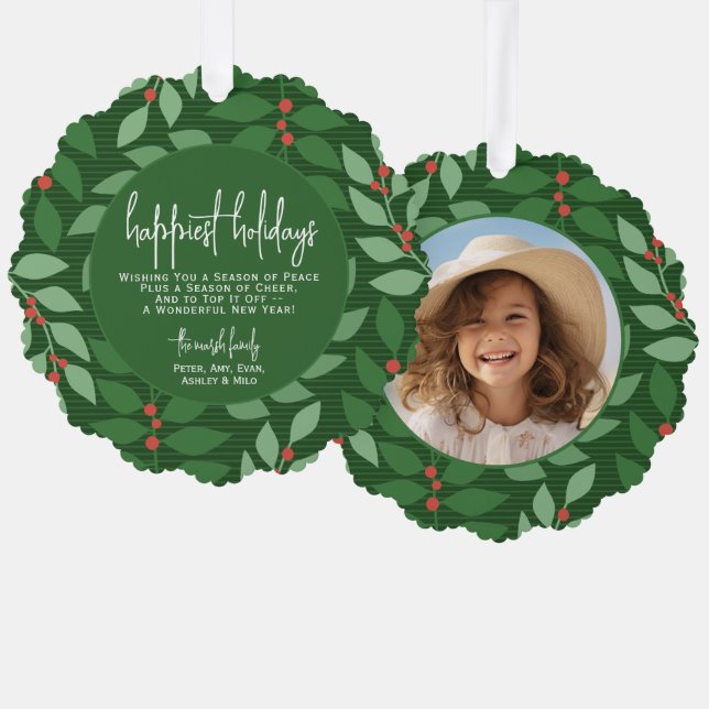 Modern botanical green - Photo - Happiest Holiday Tree Decoration Card (Front/Back)