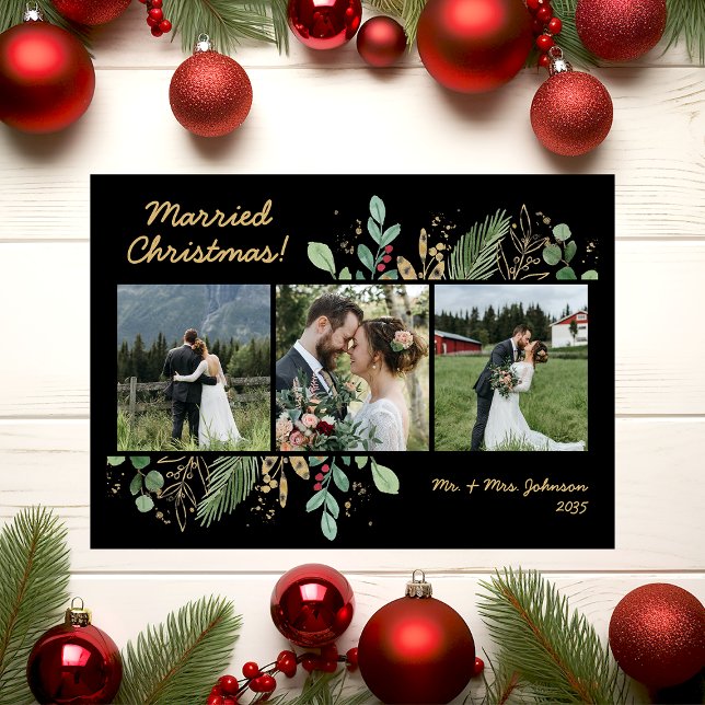 Modern Botanical Greenery 3 Photo Wedding Holiday Card (Creator Uploaded)