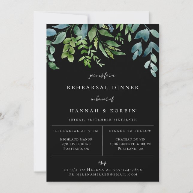 Modern Botanical Greenery Black Rehearsal Dinner Announcement (Front)