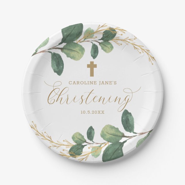 Modern Botanical Greenery Christening Calligraphy Paper Plate (Front)