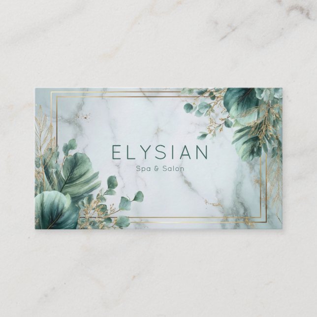 Modern Botanical Greenery & Gold Marble Business Card (Front)