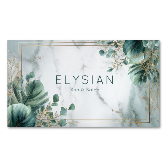 Modern Botanical Greenery & Gold Marble Magnetic Business Card (Front)