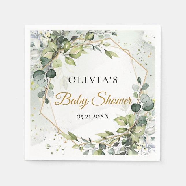 Modern botanical greenery leaf gold Baby shower Napkin (Front)