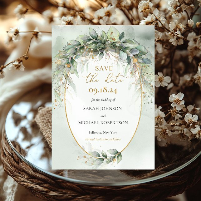 Modern botanical greenery leaf gold frame save the date (Modern botanical greenery leaf gold frame save the date)