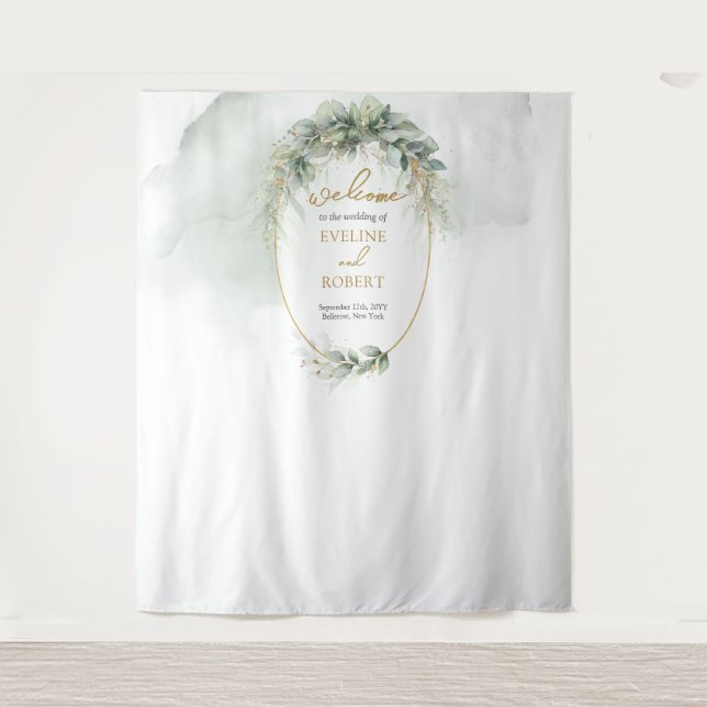 Modern botanical greenery leaf gold oval backdrop tapestry (Front)