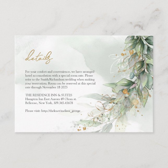 Modern botanical greenery leaf gold oval details enclosure card (Front)