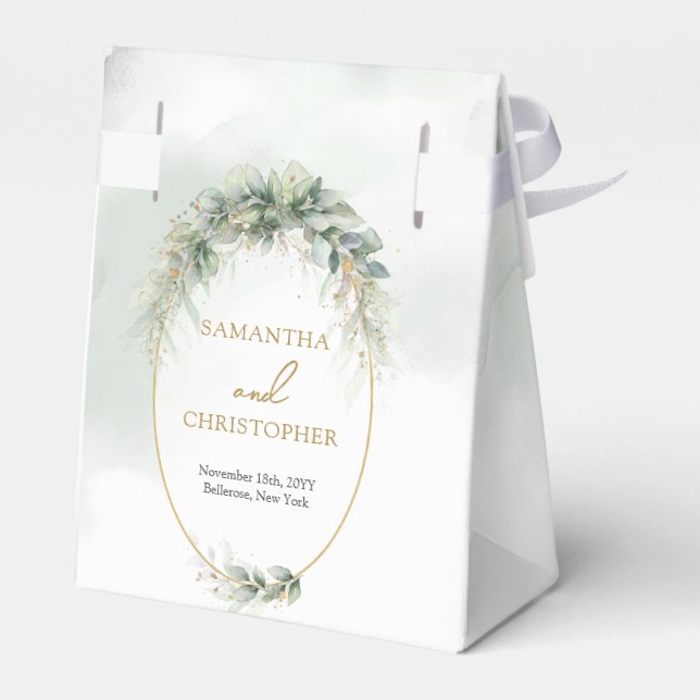 Modern botanical greenery leaf gold oval favour box (Back Side)