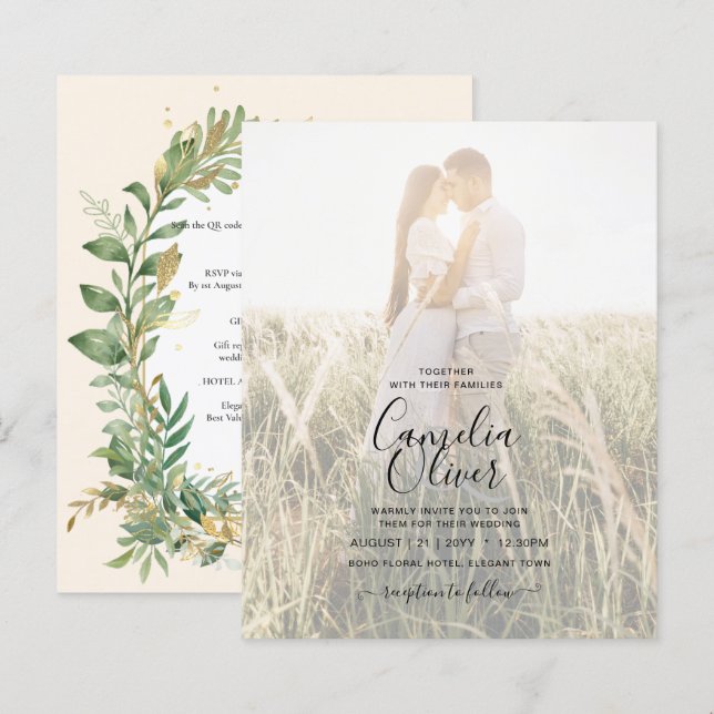 Modern Botanical Greenery Leaf Gold Wedding Invite (Front/Back)