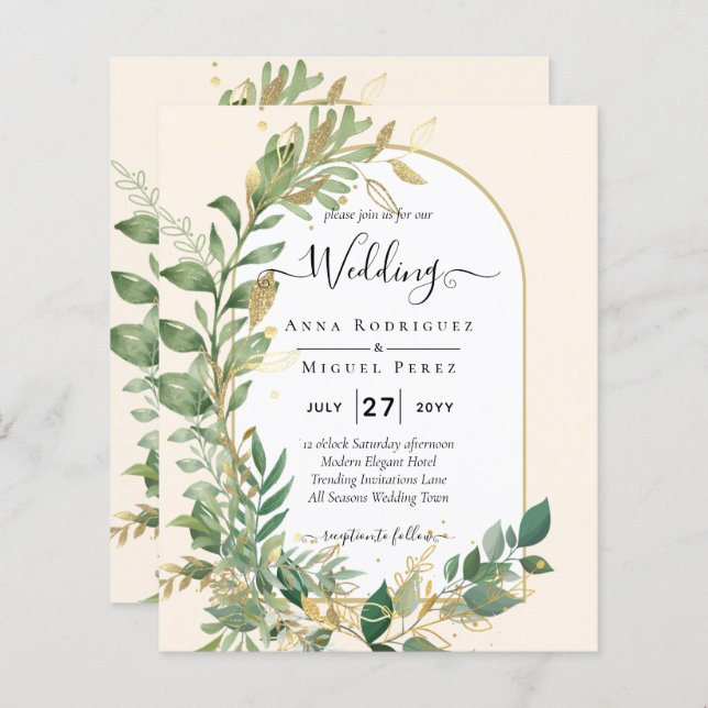 Modern Botanical Greenery Leaf Gold Wedding Invite (Front/Back)
