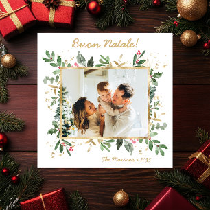 Modern Botanical Greenery Photo Buon Natale Holiday Card