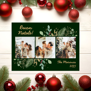 Modern Botanical Greenery Photo Buon Natale Holiday Card
