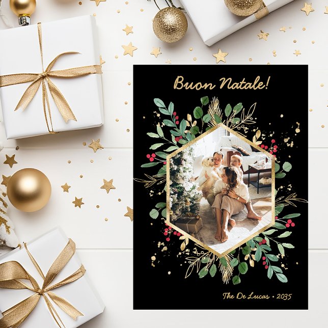 Modern Botanical Greenery Photo Buon Natale Holiday Card (Creator Uploaded)