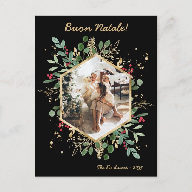 Modern Botanical Greenery Photo Buon Natale Holiday Postcard (Front)