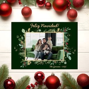 Modern Botanical Greenery Photo Feliz Navidad Holiday Card