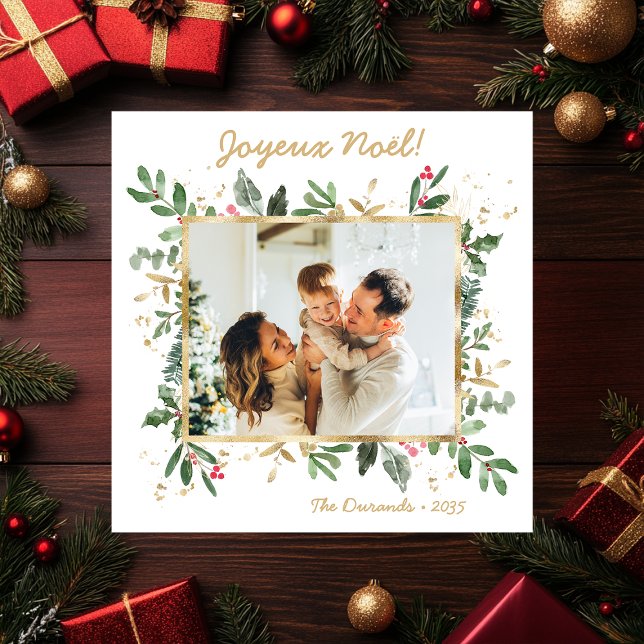 Modern Botanical Greenery Photo Joyeux Noel Holiday Card (Creator Uploaded)