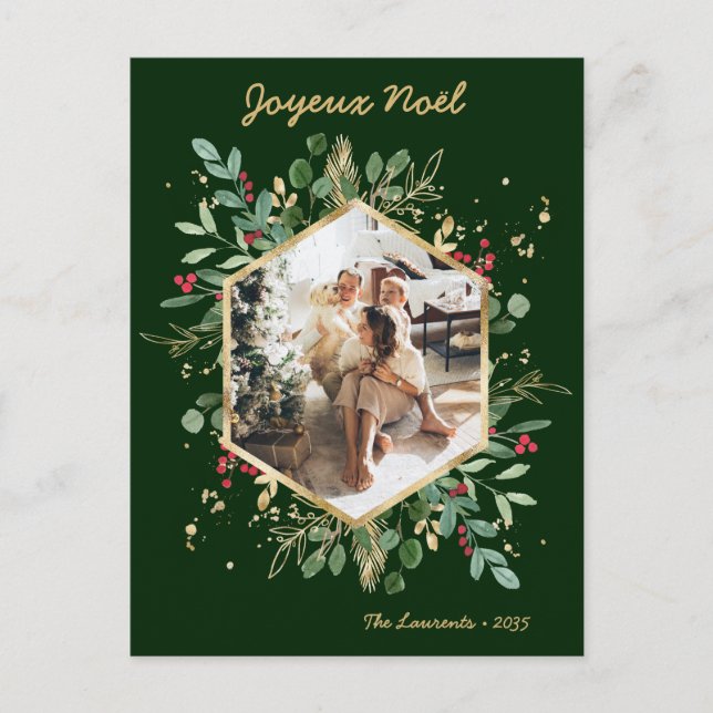 Modern Botanical Greenery Photo Joyeux Noel Holiday Postcard (Front)