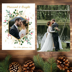 Modern Botanical Greenery Photo Married and Bright Holiday Card