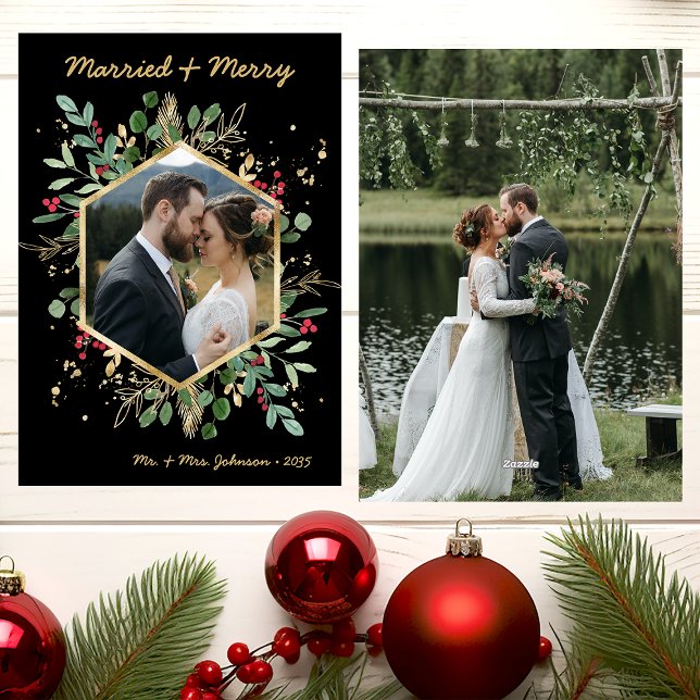 Modern Botanical Greenery Photo Married and Merry Holiday Card (Creator Uploaded)