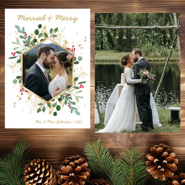 Modern Botanical Greenery Photo Married and Merry Holiday Card (Creator Uploaded)