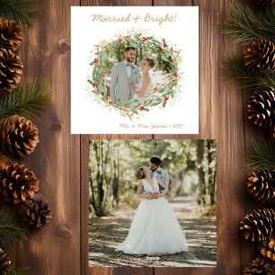Modern Botanical Greenery Photo Married & Bright Holiday Card