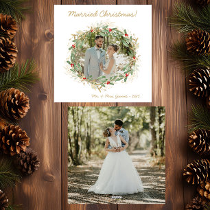 Modern Botanical Greenery Photo Married Christmas Holiday Card
