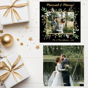 Modern Botanical Greenery Photo Married & Merry Holiday Card