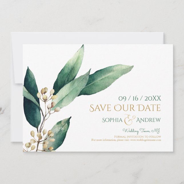 Modern botanical greenery rustic save the date (Front)