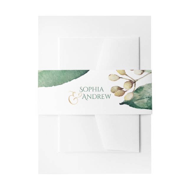 Modern botanical greenery rustic wedding monogram invitation belly band (Front Example)