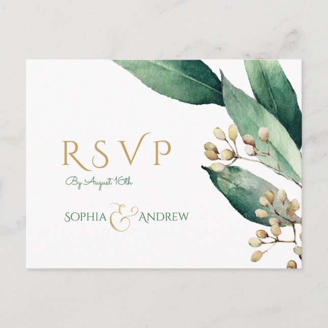 Modern botanical greenery rustic wedding RSVP Invitation Postcard (Front)