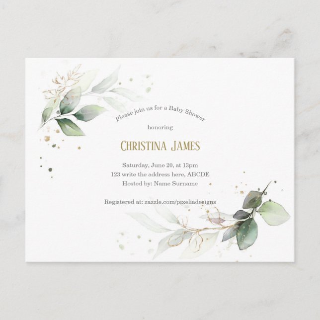 Modern, Botanical, Greenery, watercolor, Baby Boy Invitation Postcard (Front)