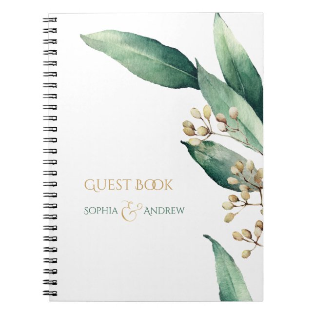 Modern botanical greenery wedding guest book (Front)